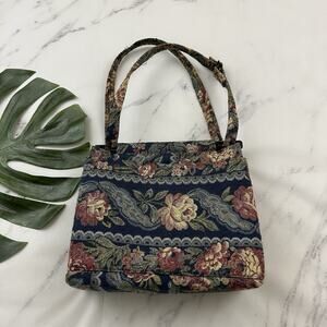 Toby Weston Vintage 90s Tapestry Purse Bag Blue Red Floral Frame Square